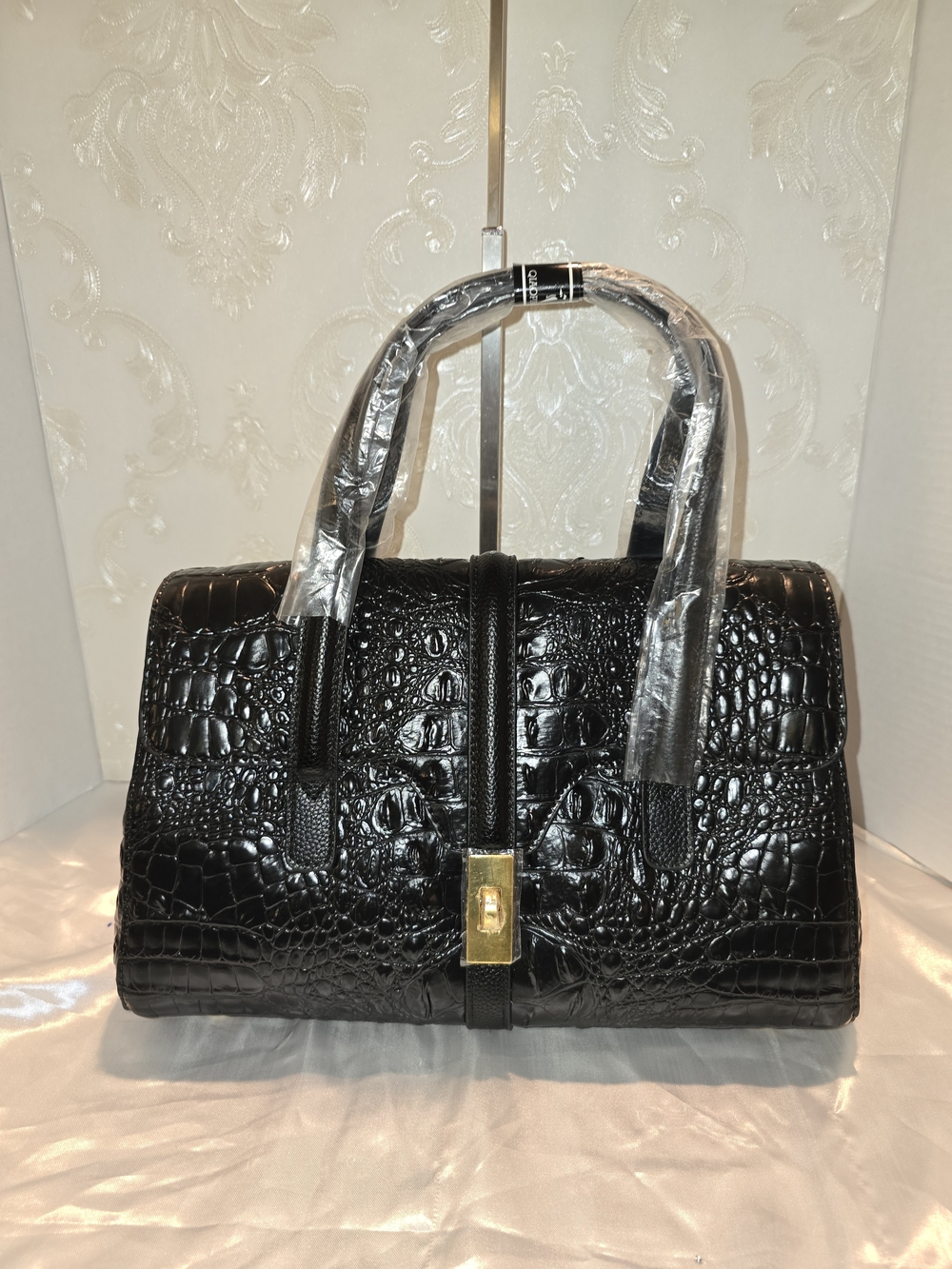 Black Croc-Embossed Top-Handle Satchel & Crossbody